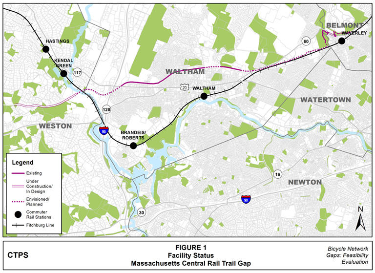 Figure 1 – Map depicting the status of the of the Massachusetts Central Rail Trail – existing, under construction/in design, or envisioned/planned – along the Boston region bicycle network gap that spans from Waverly Station in Belmont, through Waltham for approximately three miles, and into Weston. Figure 1 – Map depicting the status of the of the Massachusetts Central Rail Trail – existing, under construction/in design, or envisioned/planned – along the Boston region bicycle network gap that spans from Waverly Station in Belmont, through Waltham for approximately three miles, and into Weston.